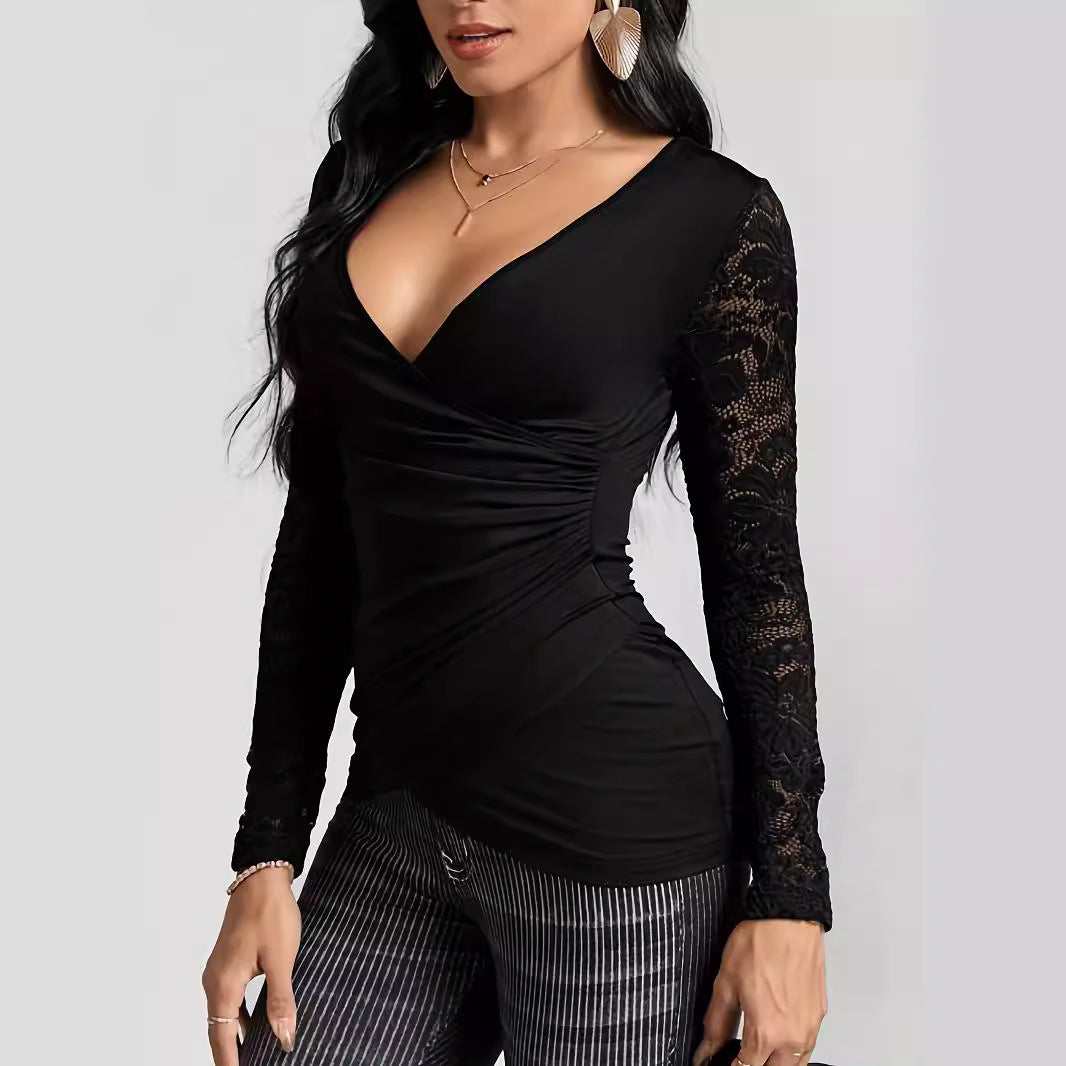 Lace Sleeve V Neck Plunge Top - Elegant Women's Blouse - Brinxx Couture