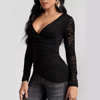 Lace Sleeve V Neck Plunge Top - Elegant Women's Blouse - Brinxx Couture