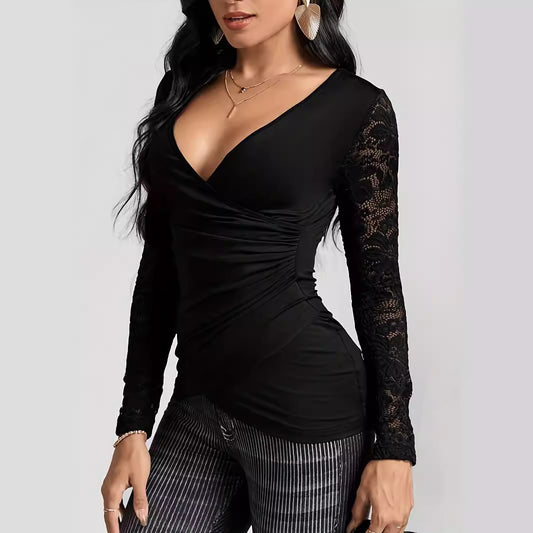Lace Sleeve V Neck Plunge Top - Elegant Women's Blouse - Brinxx Couture