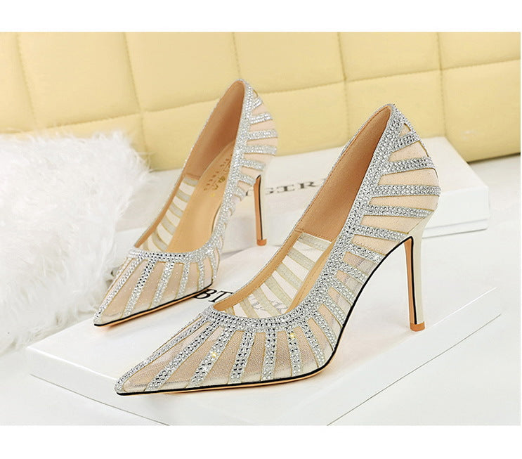 Rhinestone Mesh Pointed Toe Stiletto Heels - Elegant - Brinxx Couture