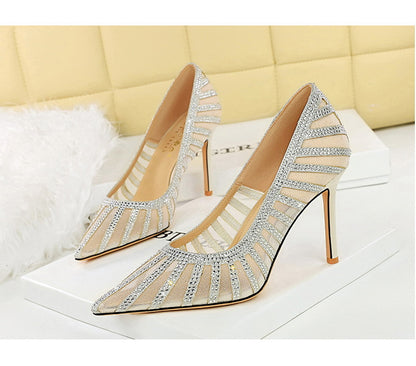 Rhinestone Mesh Pointed Toe Stiletto Heels - Elegant - Brinxx Couture