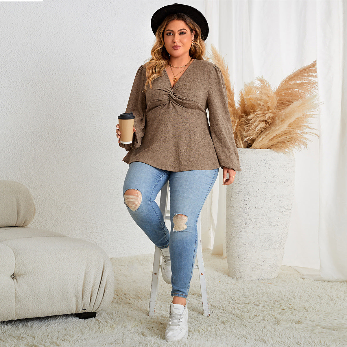 Plus Size Solid V-Neck Long Sleeve Casual Top - Comfortable Everyday Wear - Brinxx Couture