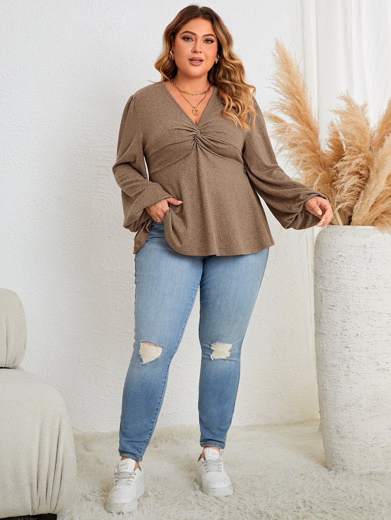 Plus Size Solid V-Neck Long Sleeve Casual Top - Comfortable Everyday Wear - Brinxx Couture