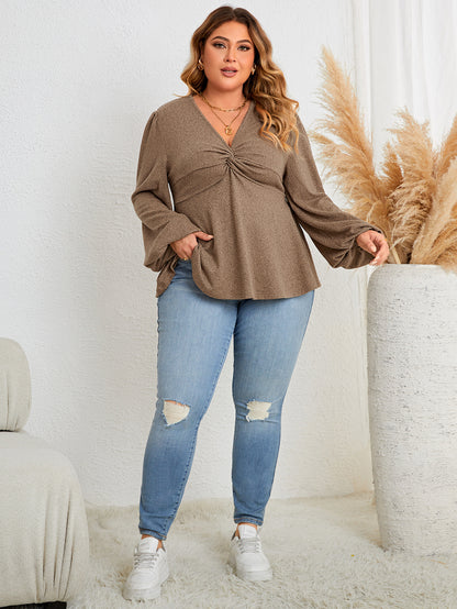 Plus Size Solid V-Neck Long Sleeve Casual Top - Comfortable Everyday Wear - Brinxx Couture