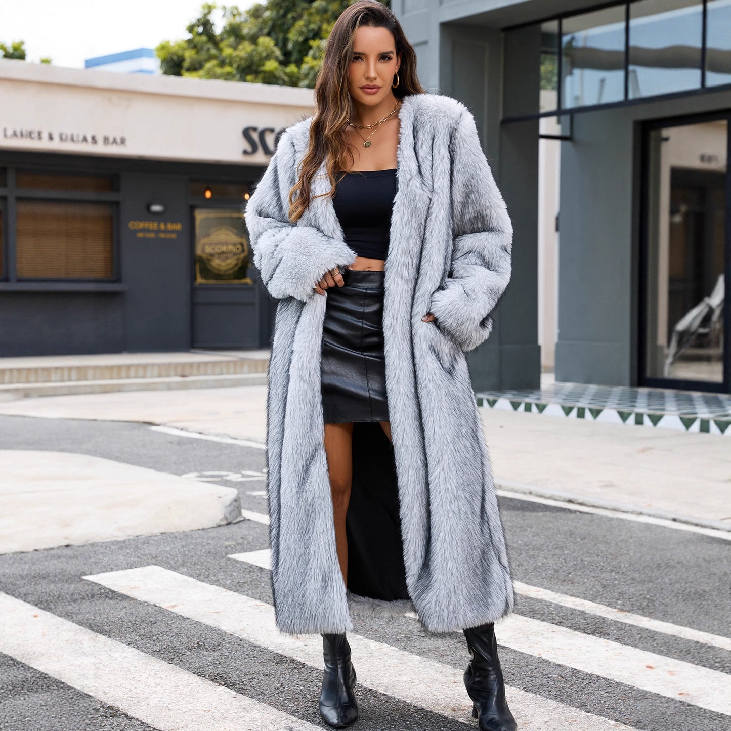 V Neck Long Faux Fur Overcoat - Brinxx Couture