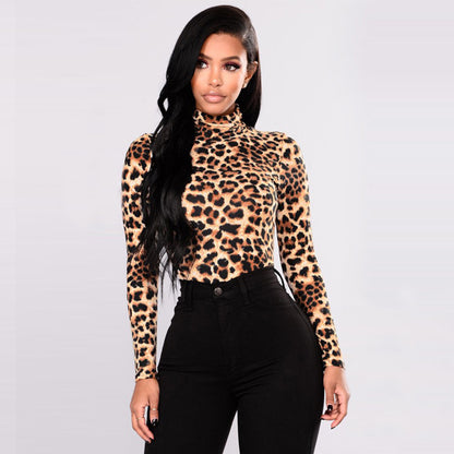 Leopard Print Long Sleeve Bodysuit - High Neck Slim Fit - Brinxx Couture
