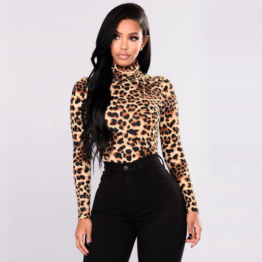 Leopard Print Long Sleeve Bodysuit - High Neck Slim Fit - Brinxx Couture