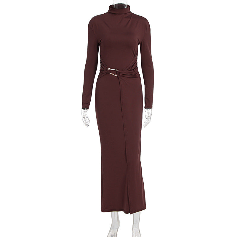 Elegant High Collar Long Sleeve Bodycon Midi Dress - Brinxx Couture