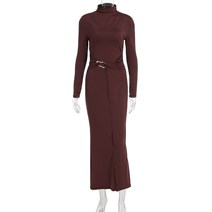 Elegant High Collar Long Sleeve Bodycon Midi Dress - Brinxx Couture