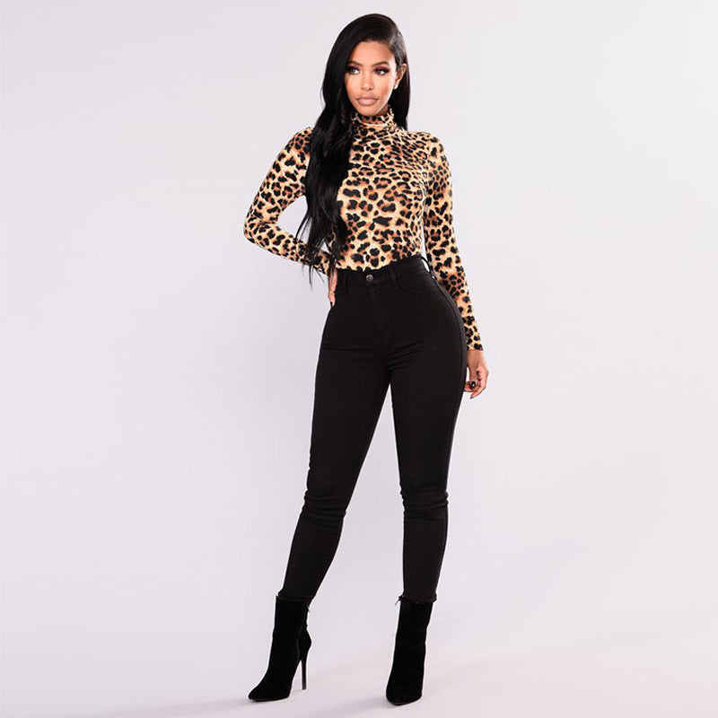 Leopard Print Long Sleeve Bodysuit - High Neck Slim Fit - Brinxx Couture
