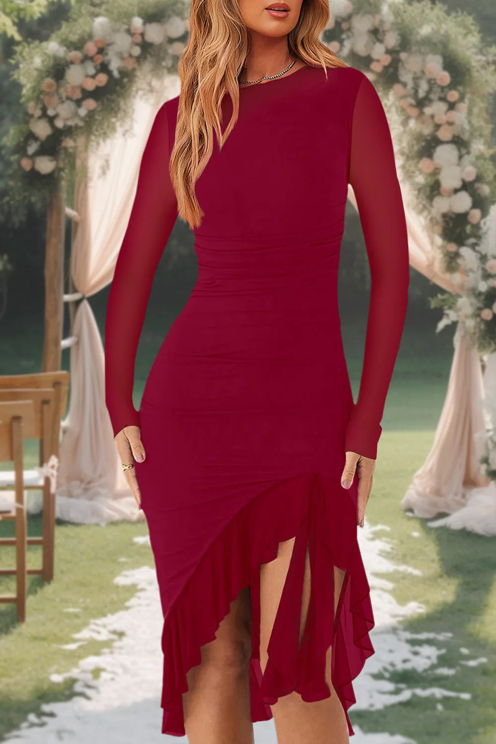 Mesh Long Sleeve Ruffle Hem Bodycon Midi Dress - Party Style - Brinxx Couture