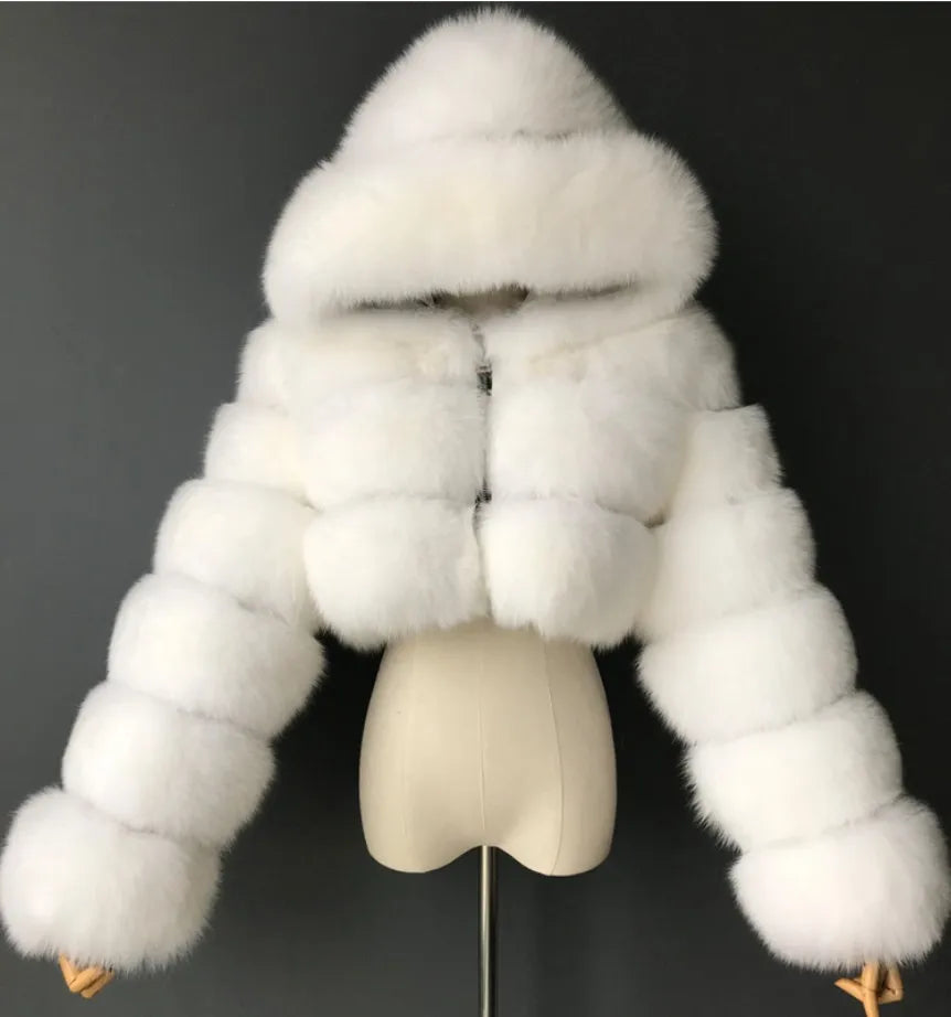 Hooded Faux Fur Cropped Jacket - Cozy Winter Coat - Brinxx Couture