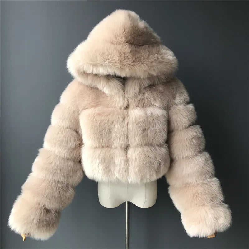 Hooded Faux Fur Cropped Jacket - Cozy Winter Coat - Brinxx Couture