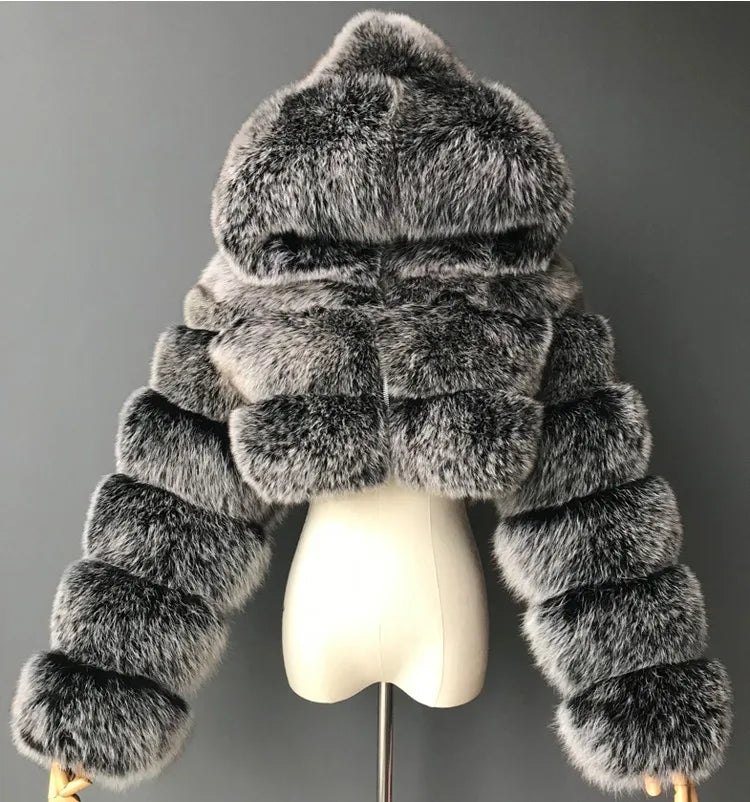 Hooded Faux Fur Cropped Jacket - Cozy Winter Coat - Brinxx Couture