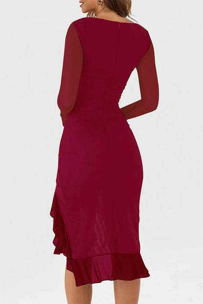 Mesh Long Sleeve Ruffle Hem Bodycon Midi Dress - Party Style - Brinxx Couture