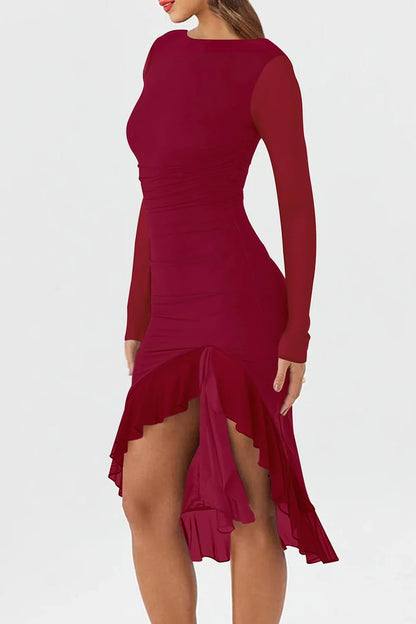 Mesh Long Sleeve Ruffle Hem Bodycon Midi Dress - Party Style - Brinxx Couture
