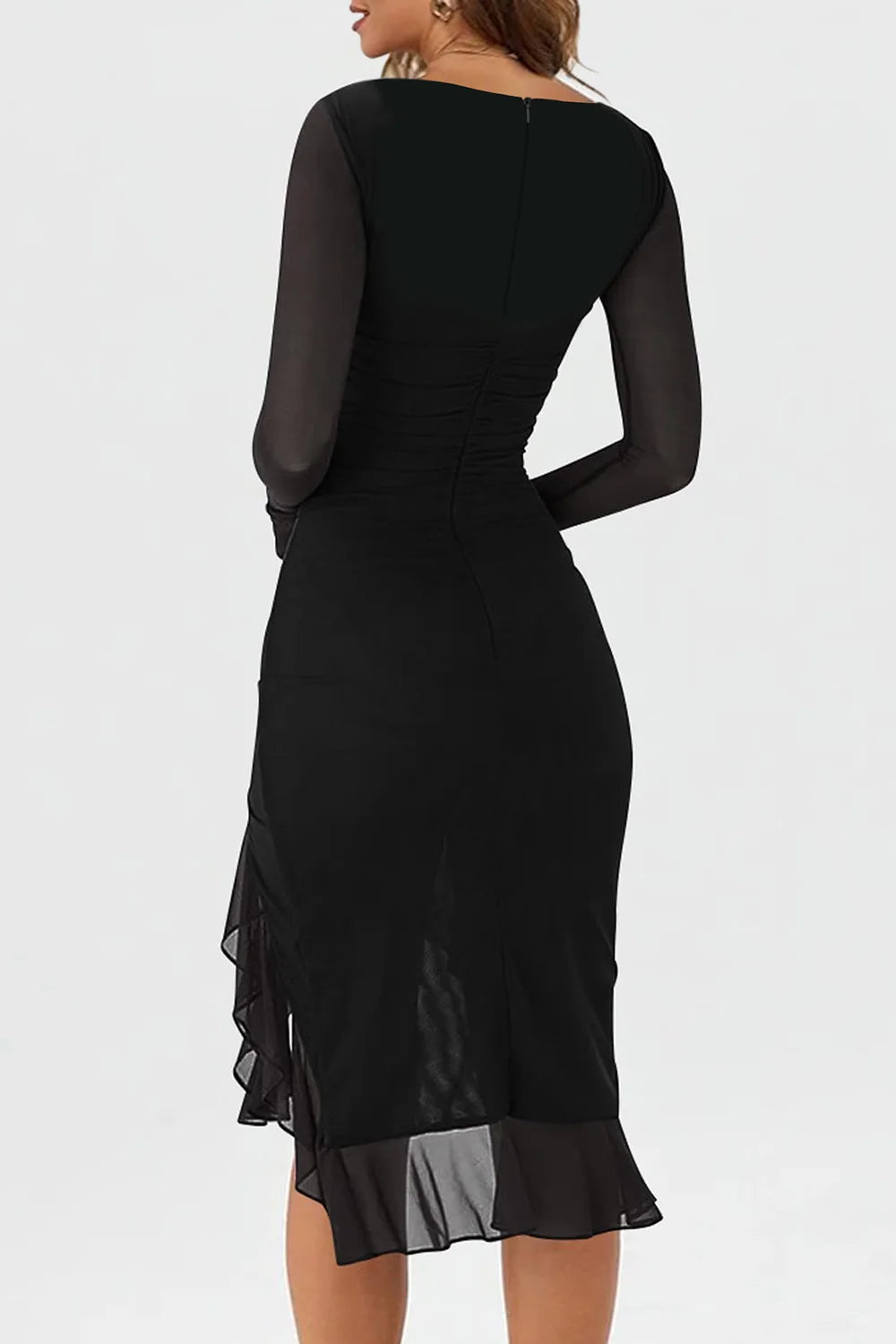 Mesh Long Sleeve Ruffle Hem Bodycon Midi Dress - Party Style - Brinxx Couture