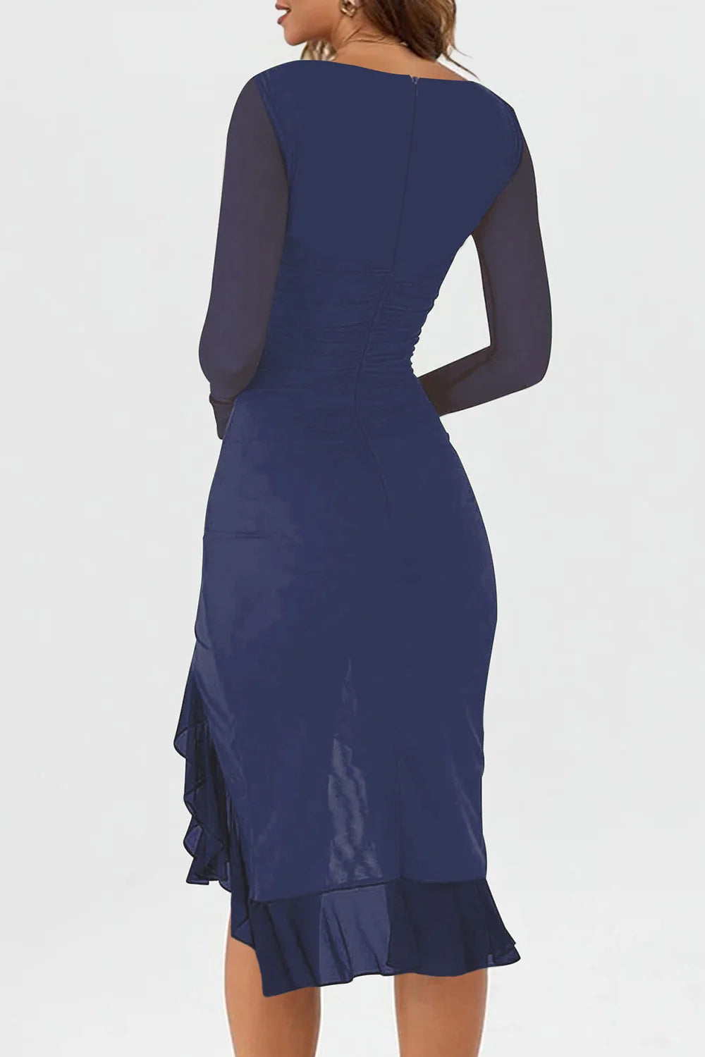 Mesh Long Sleeve Ruffle Hem Bodycon Midi Dress - Party Style - Brinxx Couture