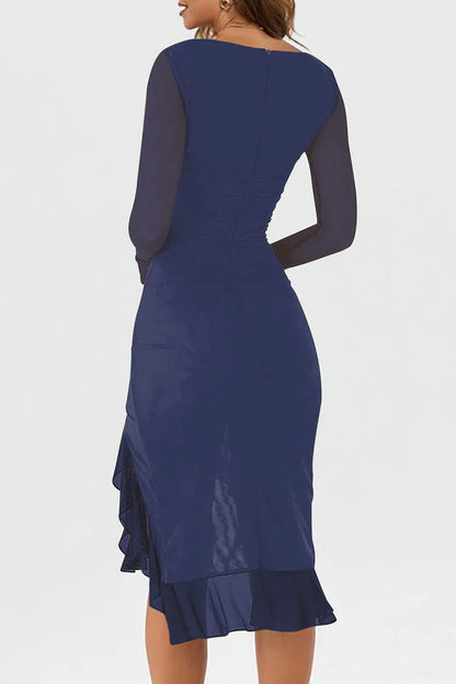Mesh Long Sleeve Ruffle Hem Bodycon Midi Dress - Party Style - Brinxx Couture