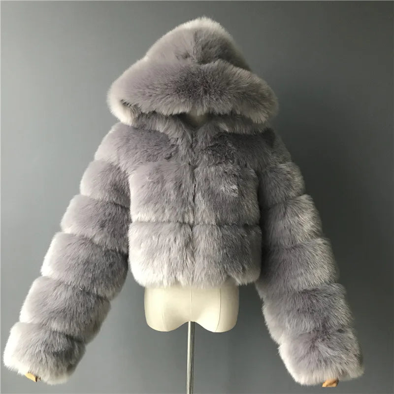 Hooded Faux Fur Cropped Jacket - Cozy Winter Coat - Brinxx Couture