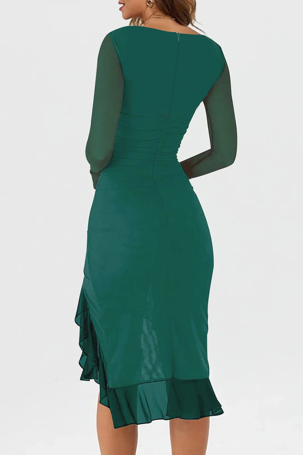 Mesh Long Sleeve Ruffle Hem Bodycon Midi Dress - Party Style - Brinxx Couture