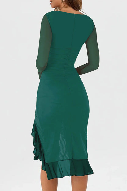 Mesh Long Sleeve Ruffle Hem Bodycon Midi Dress - Party Style - Brinxx Couture