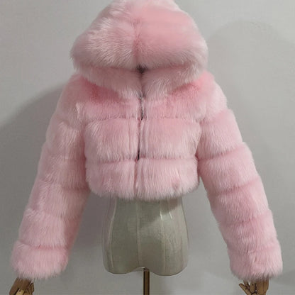 Hooded Faux Fur Cropped Jacket - Cozy Winter Coat - Brinxx Couture