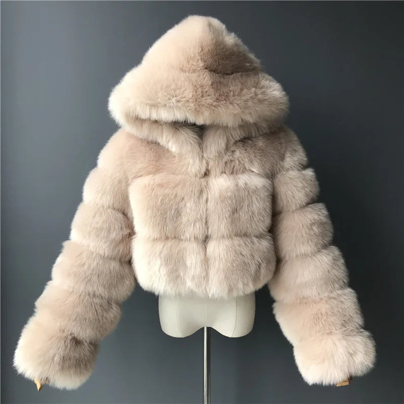 Hooded Faux Fur Cropped Jacket - Cozy Winter Coat - Brinxx Couture