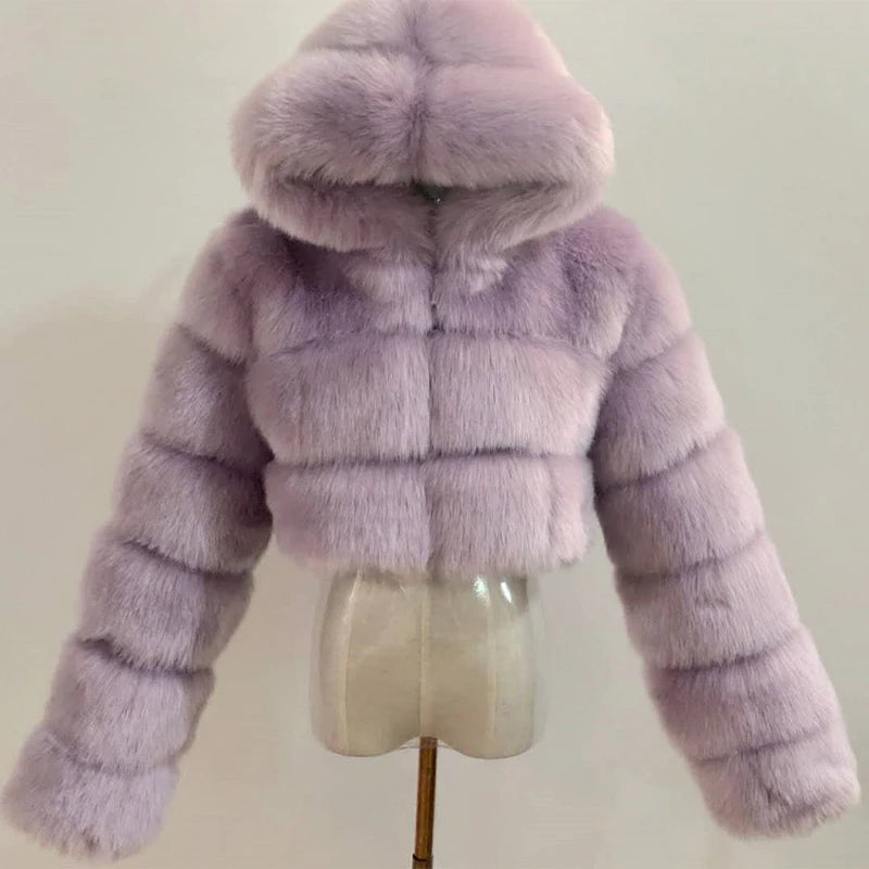 Hooded Faux Fur Cropped Jacket - Cozy Winter Coat - Brinxx Couture
