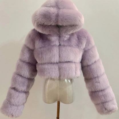 Hooded Faux Fur Cropped Jacket - Cozy Winter Coat - Brinxx Couture