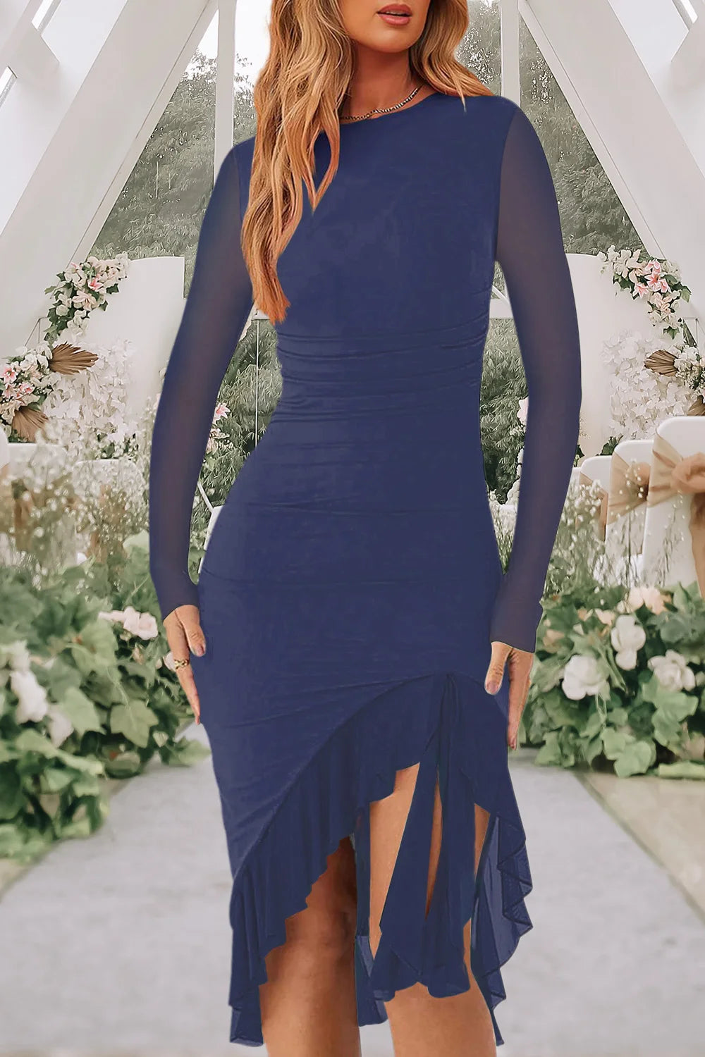 Mesh Long Sleeve Ruffle Hem Bodycon Midi Dress - Party Style - Brinxx Couture