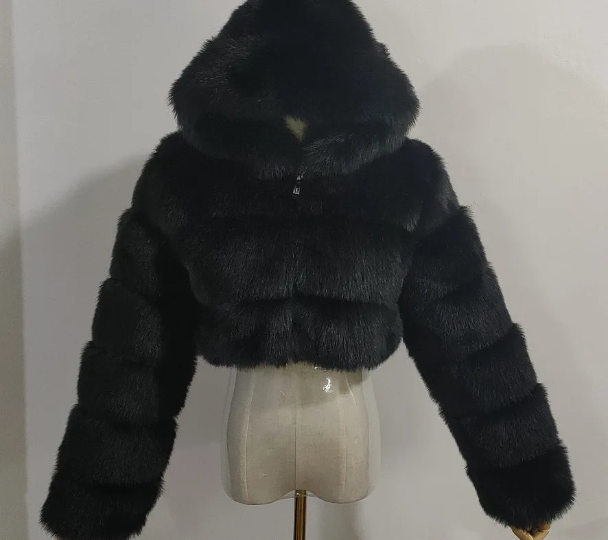 Hooded Faux Fur Cropped Jacket - Cozy Winter Coat - Brinxx Couture