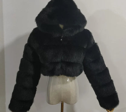 Hooded Faux Fur Cropped Jacket - Cozy Winter Coat - Brinxx Couture