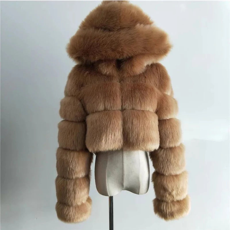 Hooded Faux Fur Cropped Jacket - Cozy Winter Coat - Brinxx Couture