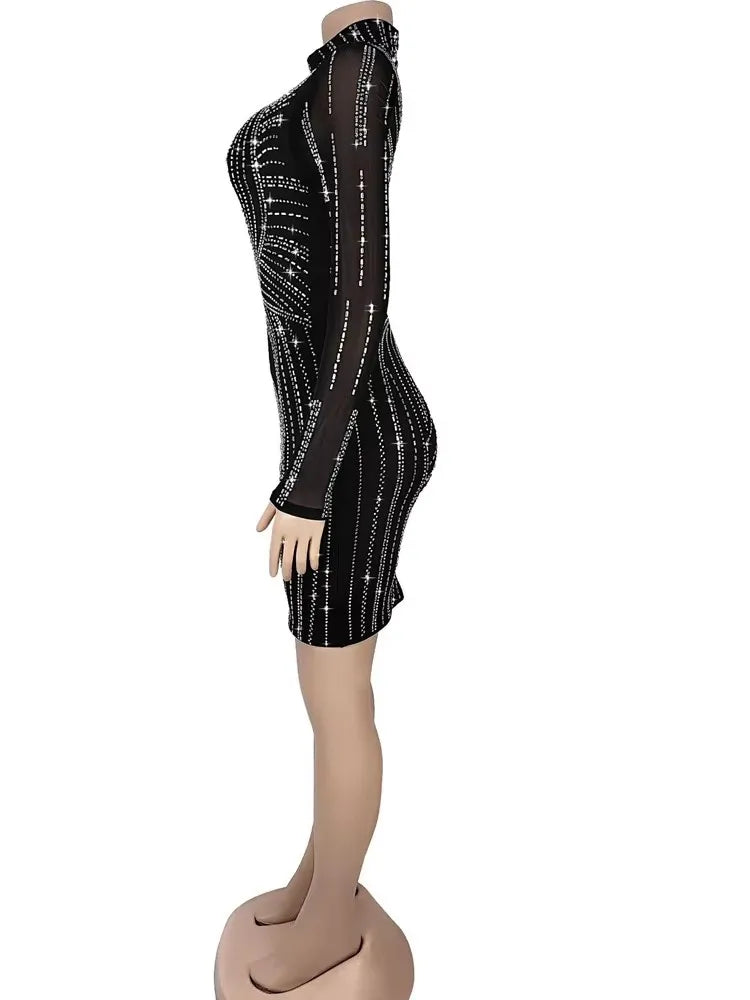 Black Mesh Rhinestone Party Dress - Crystal Glam - Brinxx Couture