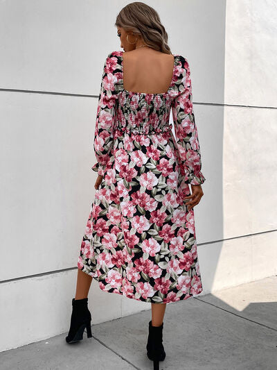Slit Smocked Floral Flounce Sleeve Dress - Brinxx Couture