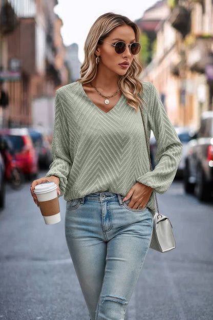 Chevron V Neck Long Sleeve Loose Top - Brinxx Couture