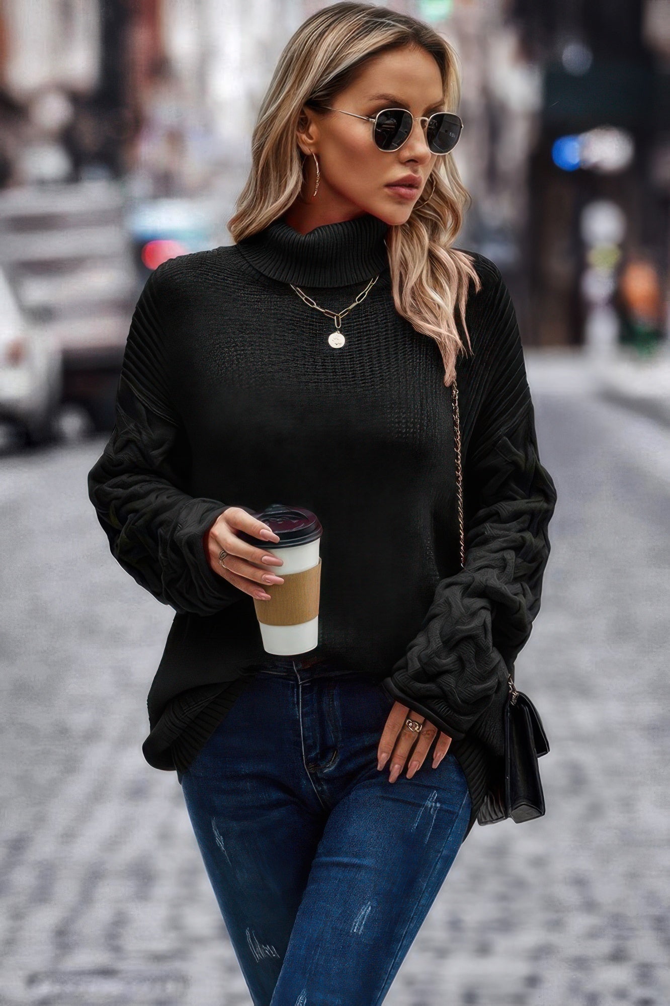 Solid Knit Long Sleeve Turtleneck Loose Sweater - Cozy Oversized Fit - Brinxx Couture