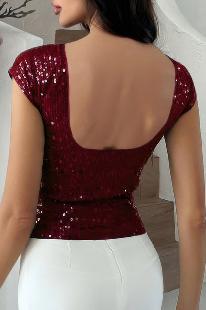 Round Neck Sequin Crop Slim Short Sleeves Top - Brinxx Couture