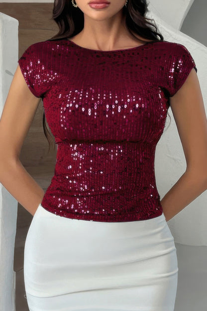 Round Neck Sequin Crop Slim Short Sleeves Top - Brinxx Couture