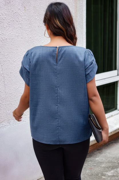 Plus Size Solid Round Neck Fold Short Sleeve Shirt - Casual Comfort - Brinxx Couture