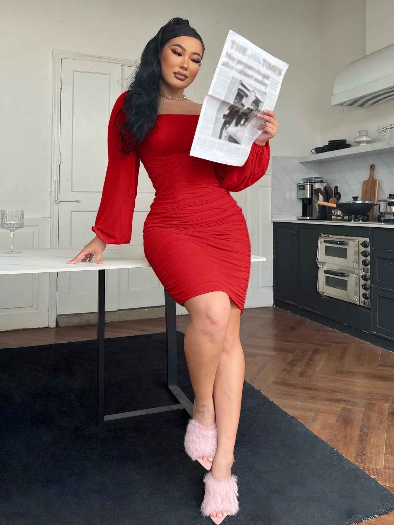 bodycon dress with zip back THE MYSTYLEMODE BLACK LONG SLEEVE TURTLENECK BACK ZIPPER MIDI DRESS