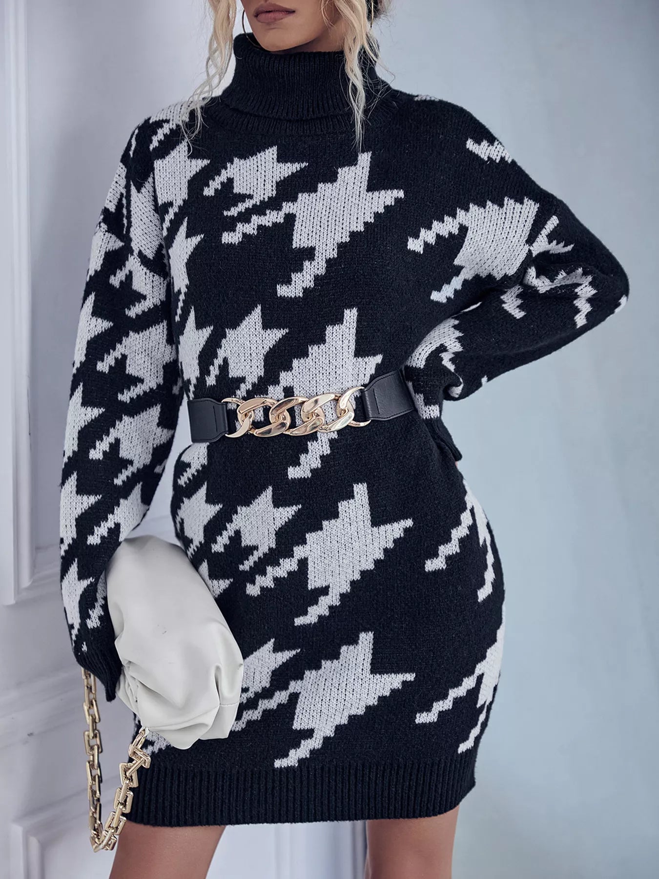 Houndstooth Turtleneck Sweater Dress