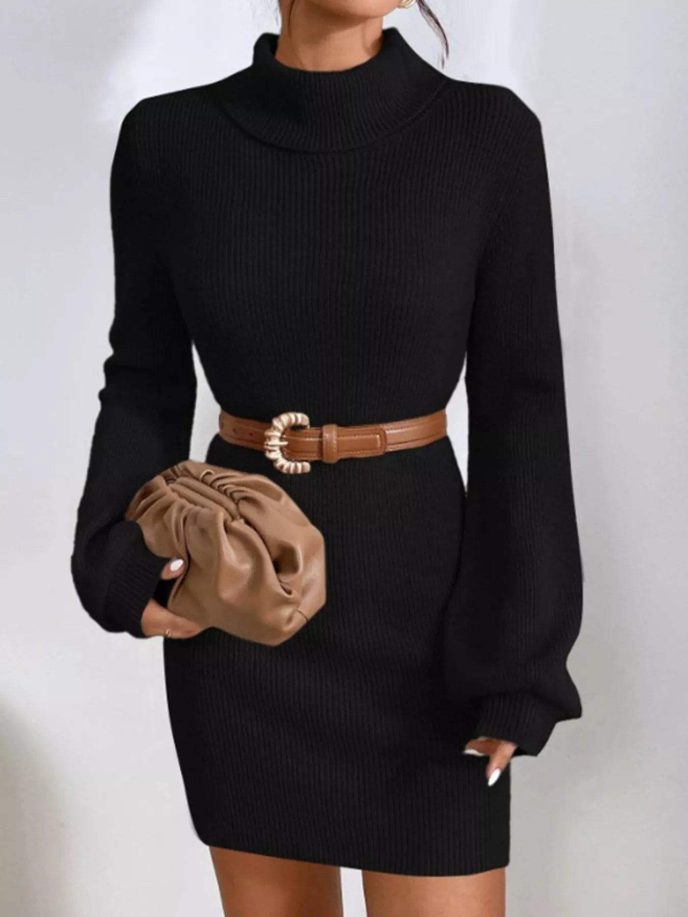 Turtleneck Ribbed Knit Sweater Dress - Cozy Chic - Brinxx Couture