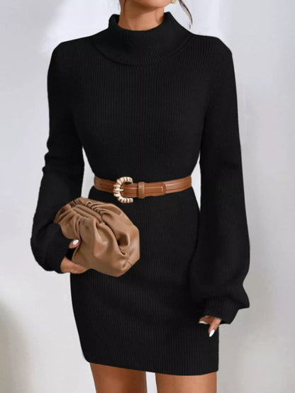 Turtleneck Ribbed Knit Sweater Dress - Cozy Chic - Brinxx Couture