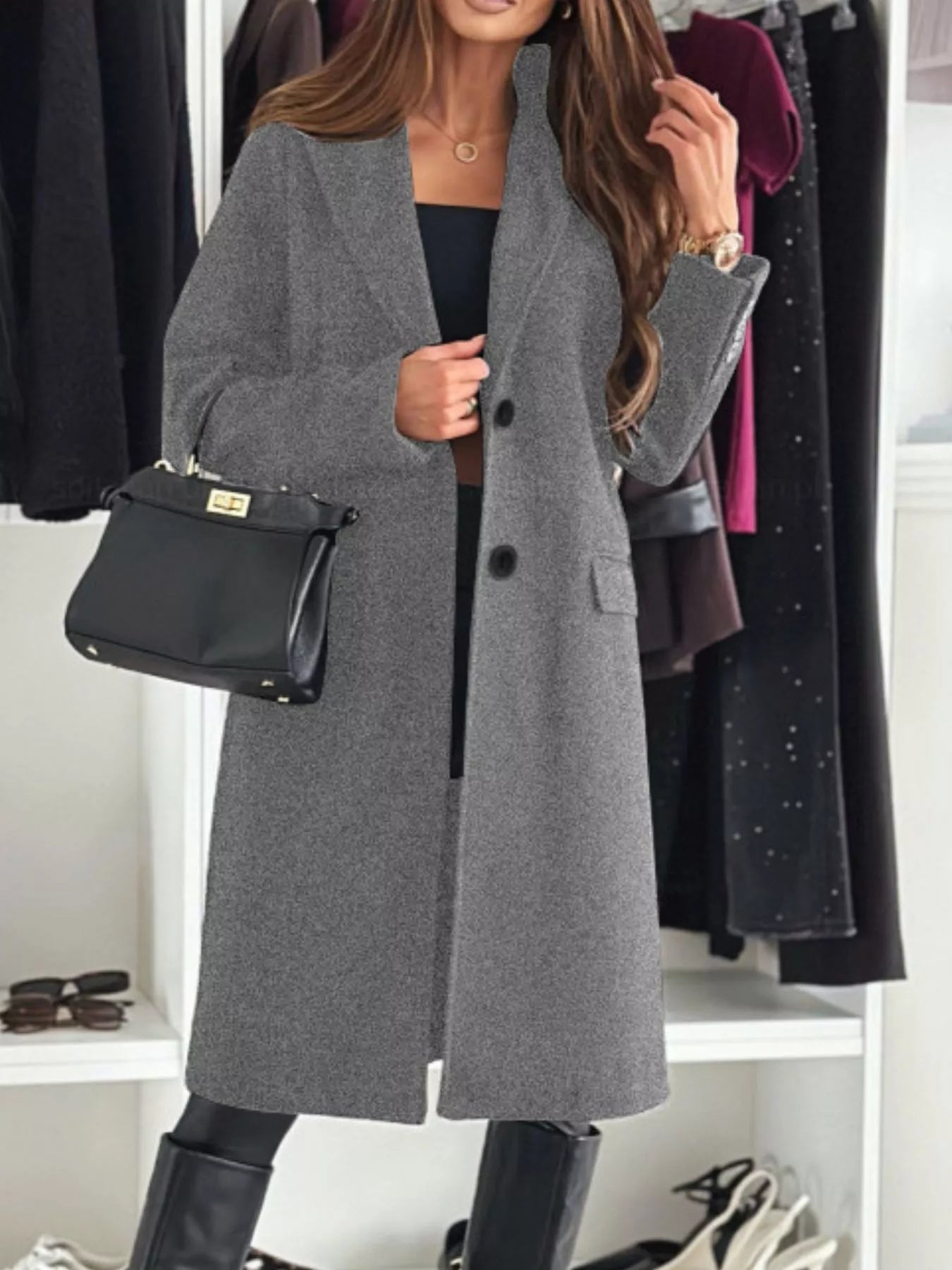 Lapel Collar Long Sleeve Coat - Brinxx Couture
