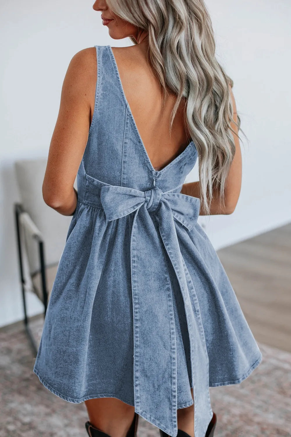 V-Back Bow Tie Denim Dress - Brinxx Couture