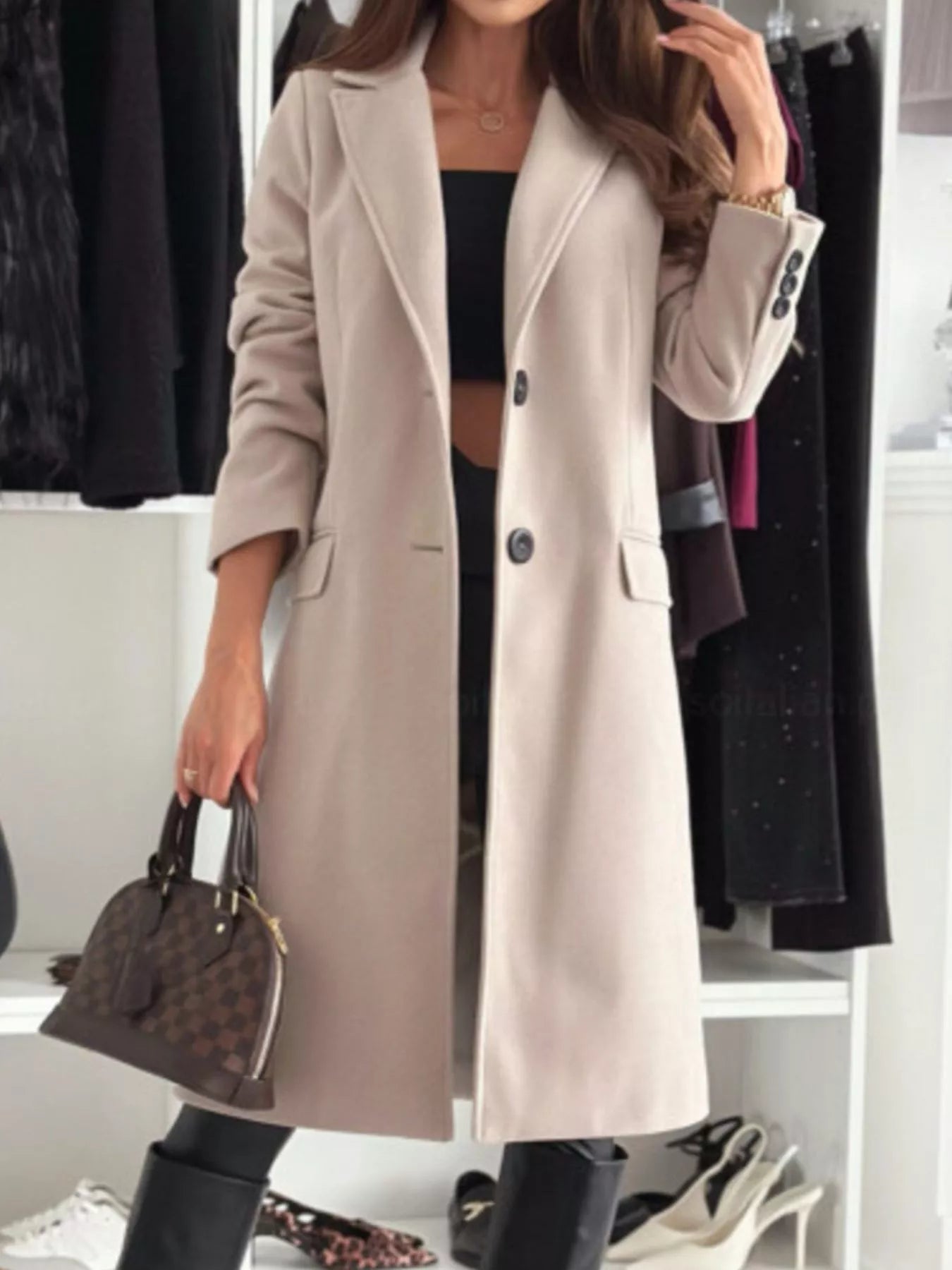 Lapel Collar Long Sleeve Coat - Brinxx Couture