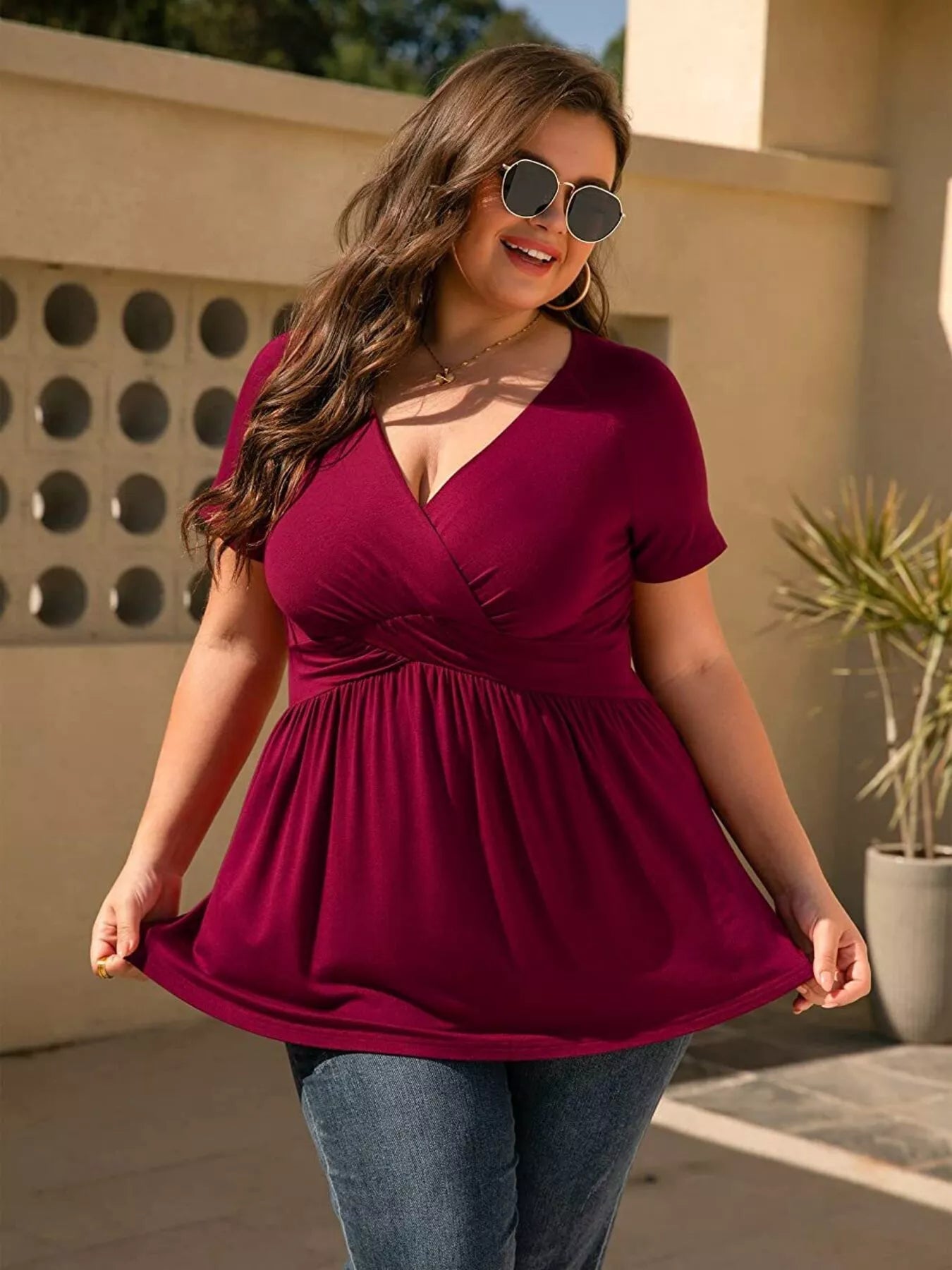 Plus Size Surplice Short Sleeve T-Shirt - Brinxx Couture