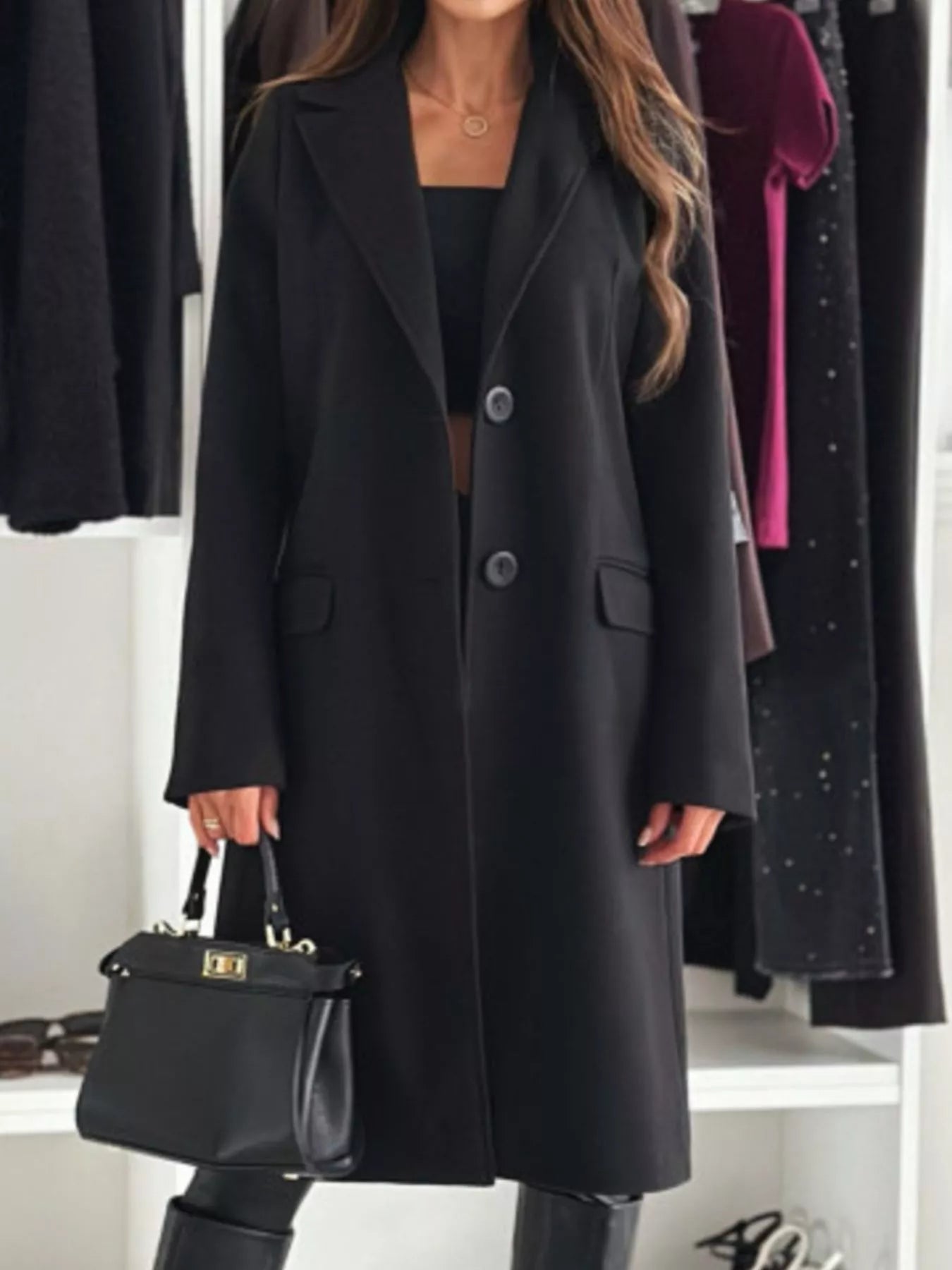 Lapel Collar Long Sleeve Coat - Brinxx Couture